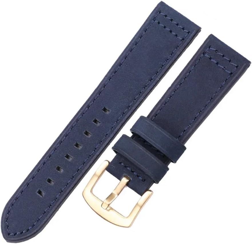 Genuine Leather Watchbands Black Blue Gray Brown Cowhide Strap Fit for Galaxy Women Men 18mm 20mm 22mm 24mm(Blue Gold Buckle,18mm)