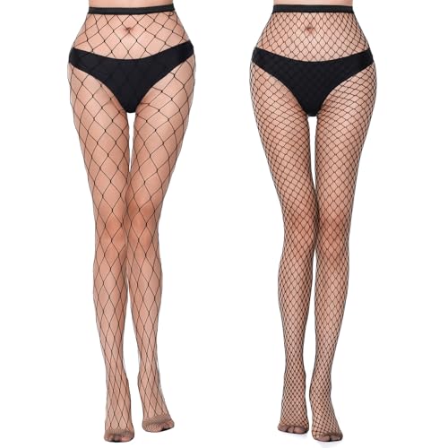 Auftl Fishnet Stockings for Women, High Waist Tights Fishnet Stockings, Black Thigh High Pantyhose, One Size Fit All, 2 Pcs