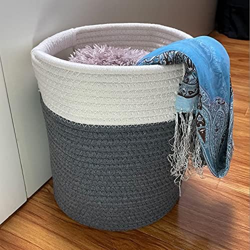 SOQKEEN Cotton Rope Storage Basket, 2 Pack 8.7 x 10.2 inch (22 x 26 cm) Round Woven Baskets, Blanket Basket for Bedroom Living Room, Baby Nursery Hamper Baskets for Gifts White & Dark Grey