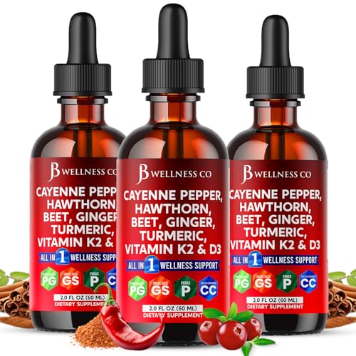Cayenne Pepper Supplement Liquid Drops + Hawthorn Berry, Vitamin D3 K2 Beet Root Powder, Ceylon Cinnamon, Turmeric Curcumin, Organic Panax Ginseng - 6oz
