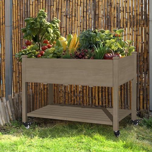VEIKOU 47.1x22.6x32.7in Cedar Raised Garden Bed, Planter Raised Beds with Lockable Wheels, Storage Shelf, Raised Garden Beds Outdoor for Backyard, Patio, Balcony, Light Mocha Brown