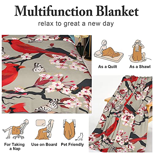 Floral And Bird Blankets, Red Birds Cherry Blossoms Floral Flowers Butterfly Throw Blankets,Lightweight Flannel Fleece Super Soft Warm Blanket For Sofa Bed Kids Adults Travel Camping 50"X40" #TOP6