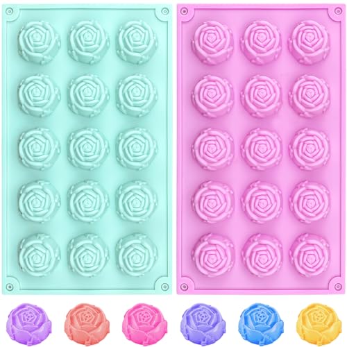 2 Pcs Rose Silicone Fondant Molds 15 Cavity Flower Cake Resin Mold Candy Chocolate Ice Cube Fondant...