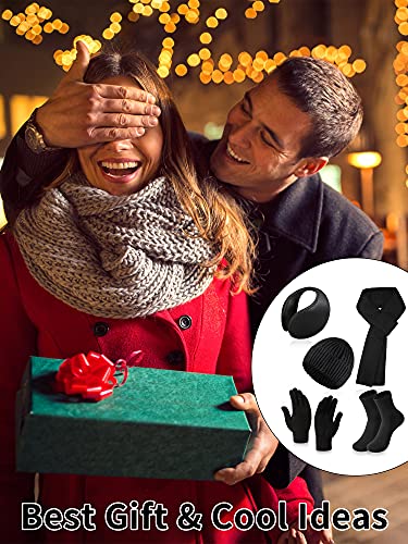 Men's Winter Beanie Hat 5 Pieces Skull Knit Cap Neck Warmer Scarf Touchscreen Gloves Set Socks For Boyfriend, Men, Teen Boys Black #TOP4