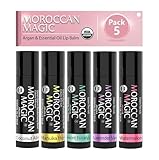 Moroccan Magic Organic Lip Balm 5 Piece Variety Pack Gift Set | Ultra-Hydrating Argan & Essential Oil Lip Moisturizer + Vitamin E | Smooth | Natural | Non-Toxic | Cruelty Free | 5 Pack