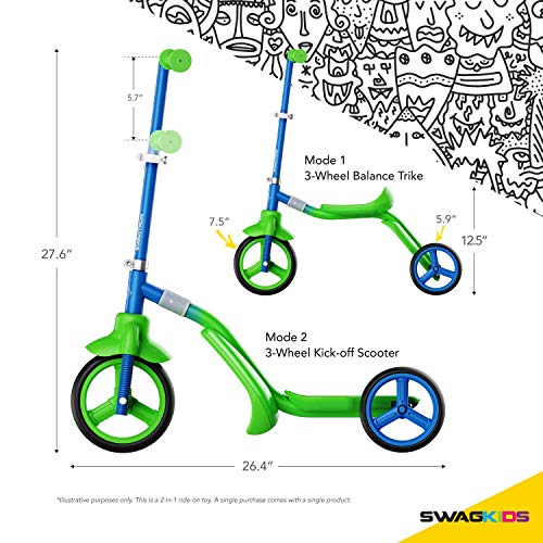 Swagtron K2 Toddler 3 Wheel Kick Scooter & Ride-On Balance Trike 2-In-1 Adjustable For 2, 3, 4, 5 Year Old Kids Boy Or Girl Transforms In Seconds (Blue And Green) #TOP5