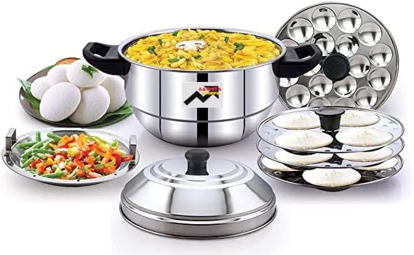 All In One Idly Cooker/Idly Maker Makes 12 Idly At Once With 1 Steamer Plate For Momos, Dhoklas And 1 Mini Idly Plate.Gas Stove & Induction Compatible