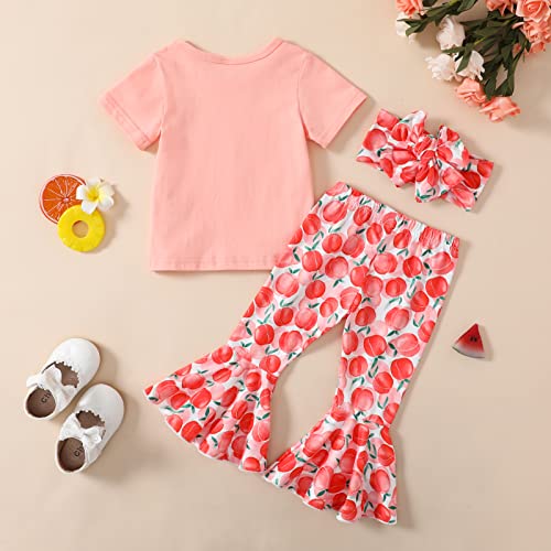Grnshts Baby Girl Clothes Toddler Girl Letter Print Tops+Peach Bell-Bottoms Pants+Headband 3Pcs Summer Outfits(Pink Peach,18-24M) #TOP6
