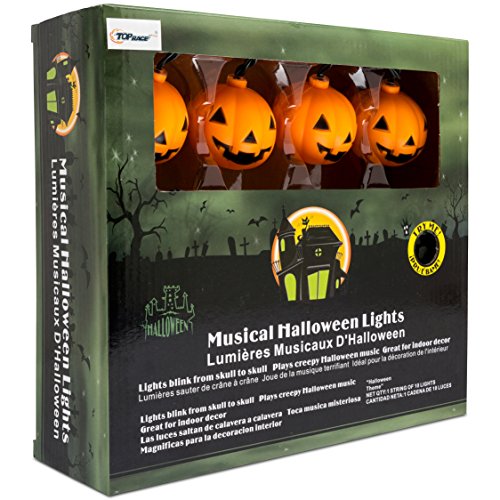 Top Race Halloween String Lights, 10 Big 3 Inch Battery Powered Jack O Lantern Blinking Lights With Motion Sensor And Halloween Music, Halloween Decorations. (Pumpkin) #TOP6
