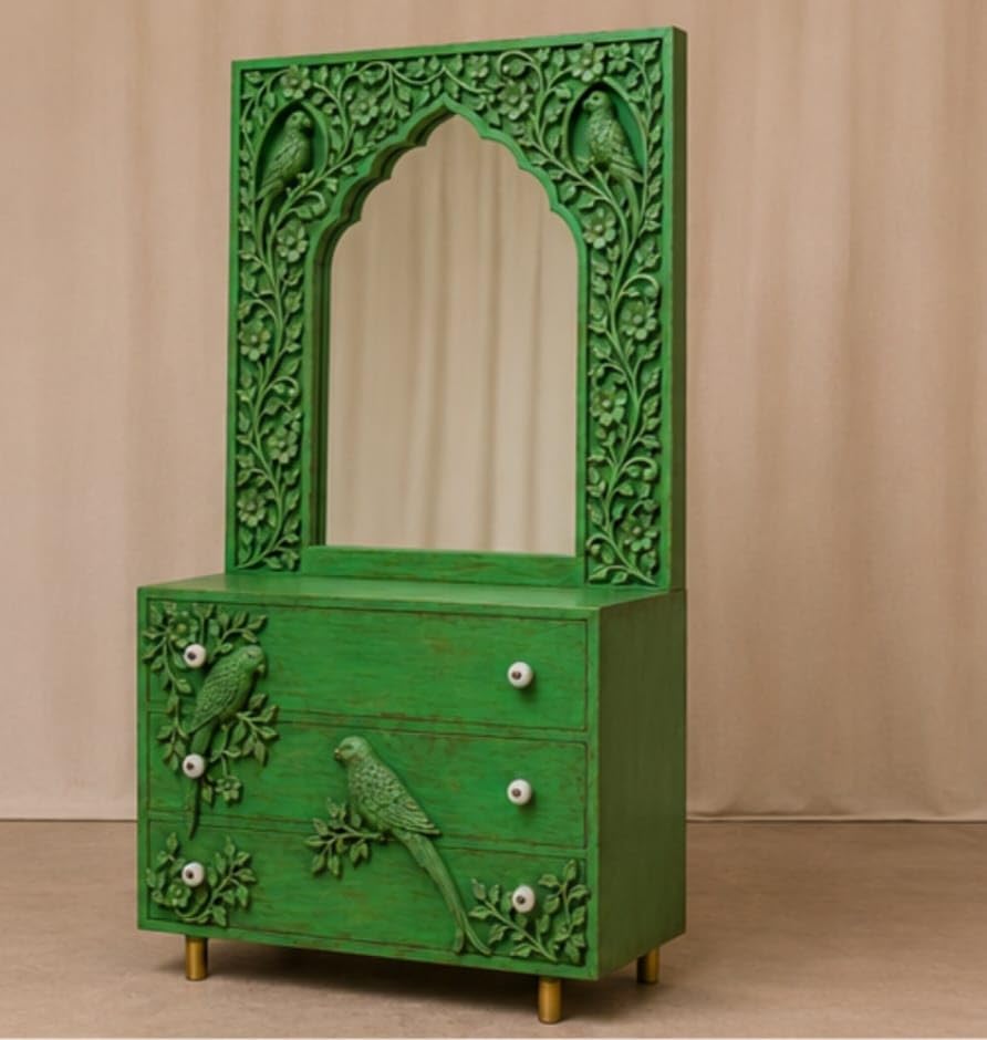 Hand-Carved Teak Wood Chest of Drawers with Decorative Mirror Frame, 3-Drawer Wooden Dresser for Bedroom & Living Room, Solid Wood Storage Cabinet, Green Finish (36 x 16 x 30 Inches)-image-18