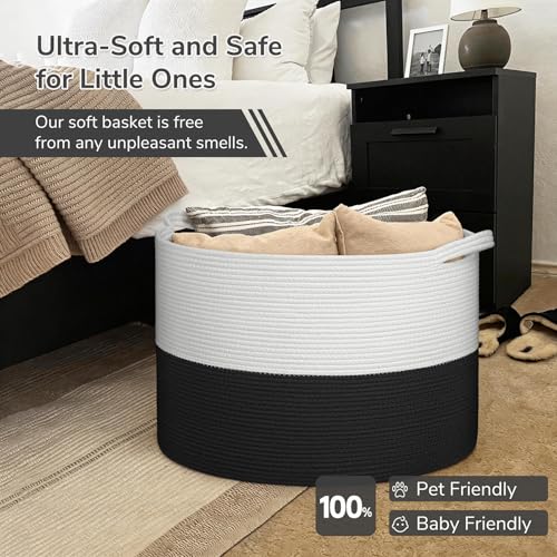 Image of INDRESSME 115L Extra Large Cotton Rope Blanket Basket, Woven Storage for Living Room Toy Baskets Kids Baby Laundry Hamper for Dirty Clothes, Pillows, White & Black