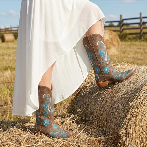 Image of IUV Cowboy Boots For Women Mid Calf Cowgirl Boots Embroidered Pull-On