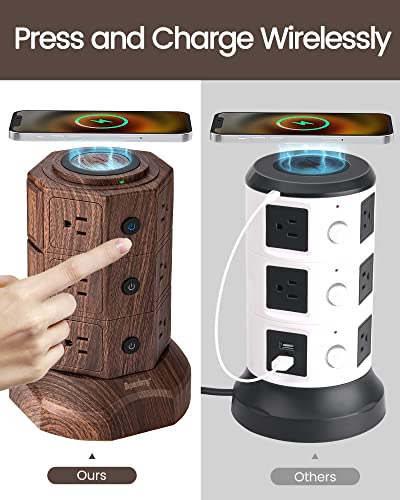 Superdanny Surge Protector Tower With 10W Wireless Charger, Power Strip Tower Vertical Charging Station With 10 Ac Outlets+4 Usb Slots And 6.5Ft Extension Cord For Home Office Garage, Deep Wood Grain #TOP2