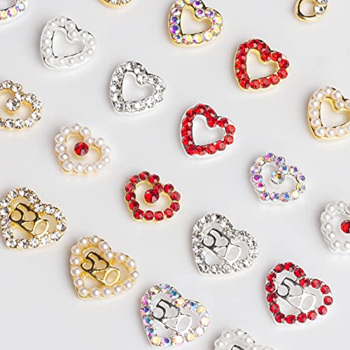 24 Pcs Heart Nail Charms For 3D Nail Heart Nail Art Crystal Diamonds Rhinestone Red Gold Silver Alloy Love Heart Pearls Nail Gems Decorations For Women Girls Valentine's Day Nail Craft Accessories #TOP3
