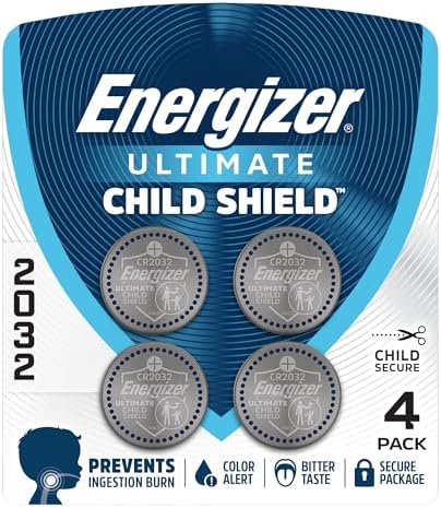 Energizer Ultimate Child Shield CR2032 Batteries (4 Pack), 3V Lithium Coin Batteries, Compatible with Apple AirTag and Tile Pro Devices, Key Fobs, Watches and More