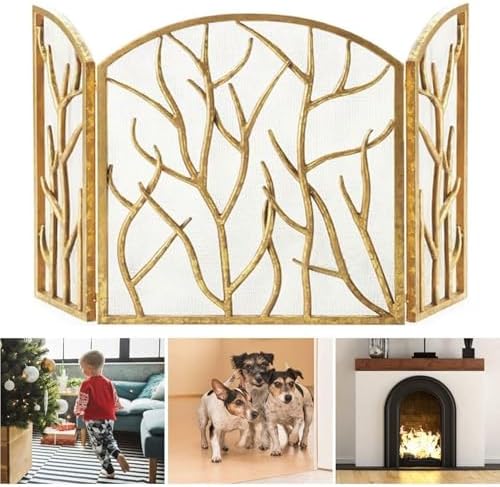 Decorative Arched 3-Panel Fireplace Screen, Heavy-Duty Iron Spark Guard, Foldable Metal Mesh Fire Guard for Living Room & Home Decor (Black)