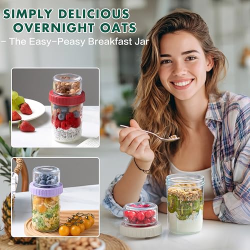 Danmu Art Glass Overnight Oats Jars with Lids - Dual-Layer Breakfast Pots for Yoghurt Parfait Chia Pudding Granola, Meal Prep Containers with Separate Toppings, Mason Jar for Healthy Snacks Lunch - Image 4