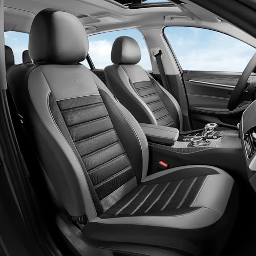 Coverado Car Seat Covers Front Seats, Luxury Leather Car Seat Covers, Automotive Mesh Seat Covers 2 Pack, Airbag-Compatible, Black Gray Seat Covers for SUV Sedan Truck