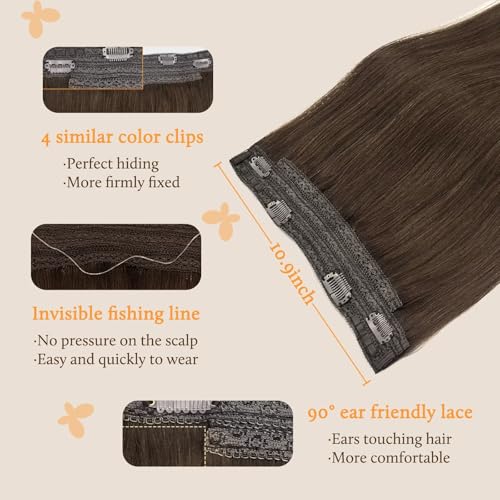 Image of DOORES Wire Hair Extensions Chocolate Brown 18 Inch 95 g Remy Human Wire Hair Extensions Invisible Transparent Line Adjustable Hairpieces Secret Straight