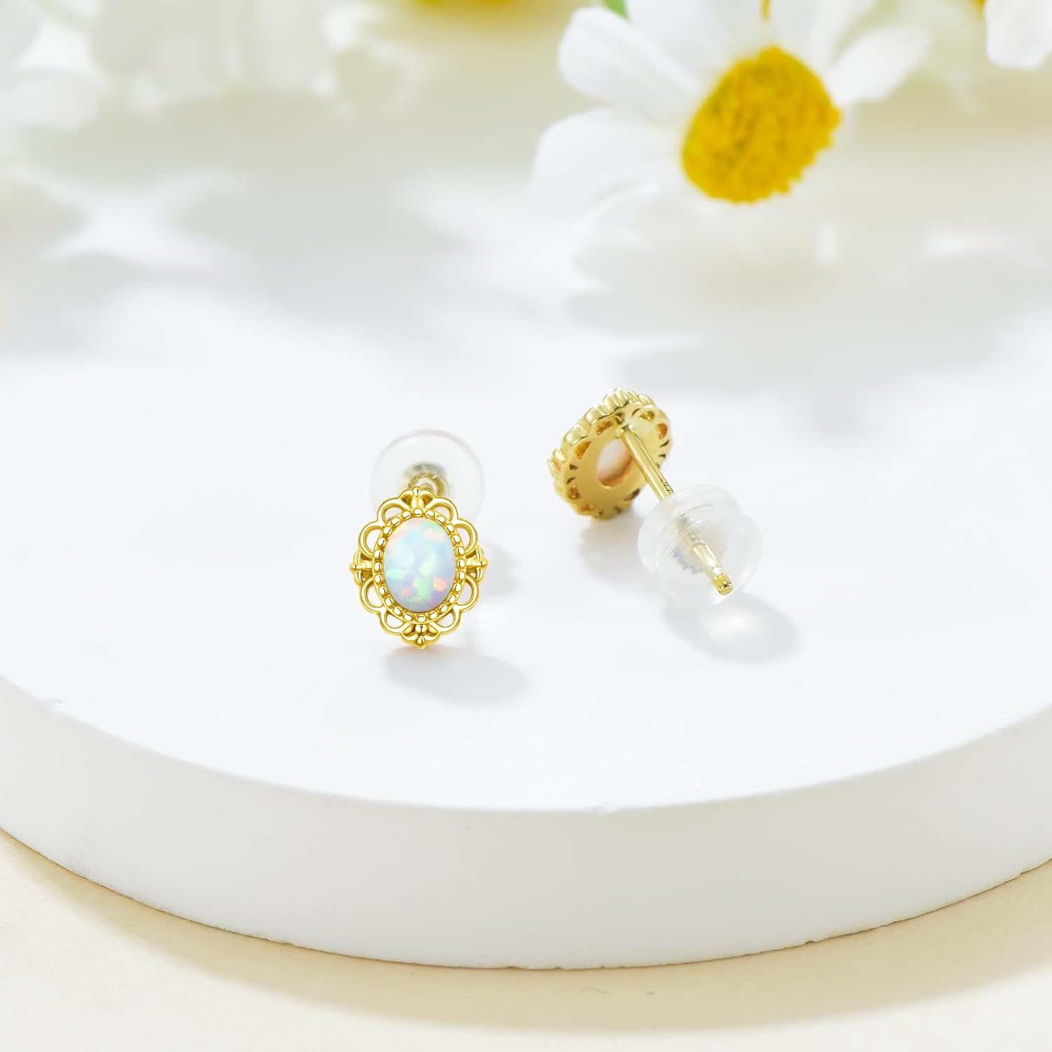 14k Solid Gold White/Blue Opal Stud Earrings for Women Yellow Gold Oval Opal Vintage Stud Earrings Fine Jewelry for Her Wife Mom Gifts for Valentine's Day Birthday Anniversary