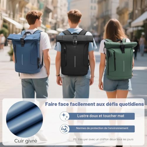 Lekeinchi Sac a Dos Rolltop pour Femmes et Hommes, Elegant Sac à Dos Voyage avec Compartiment pour Ordinateur Portable 17 Pouces, Grand Sac à Dos Etanche pour Voyages, Travail, College – Bleu – vue 6