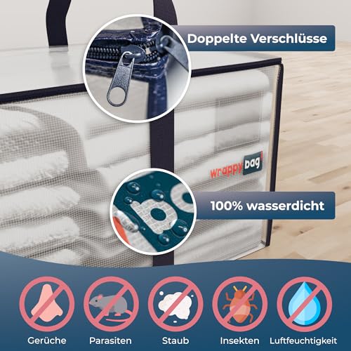 WRAPPYBAG 8er Pack Große Kunststoff Aufbewahrungstasche – XXL Tasche Groß für Umzug, Reise – Robust, Dick und Wasserabweisend mit Verstärkten Griffen – Für Kleidung und Bettwäsche – 75 x 36 x 38 cm