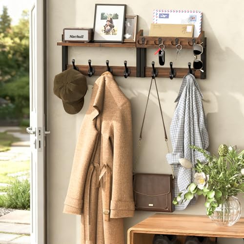 29'' Coat Rack Wall Mount with Shelf and Key Hooks, Solid Wood Key Holder Wall Mount, Farmhouse Wall Organizer for Mail, Entryway Wall Hangers for Hats, Clothes, Backpacks, Mudroom (Rustic Brown) by Facilite - Image 2