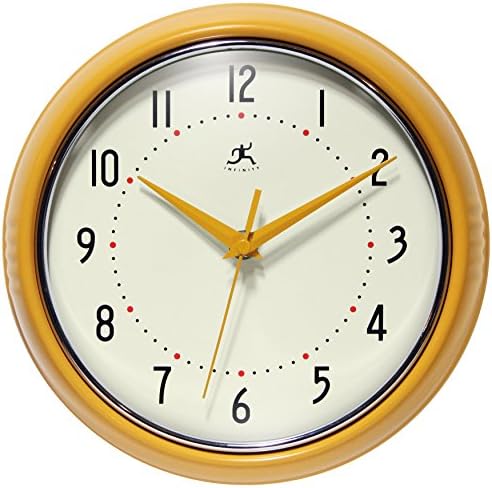 Infinity Instruments LTD. Retro 9 inch Silent Sweep Non-Ticking Mid Century Modern Kitchen Diner Wall Clock Quartz Movement Retro Wall Clock Decorative (Saffron Yellow)