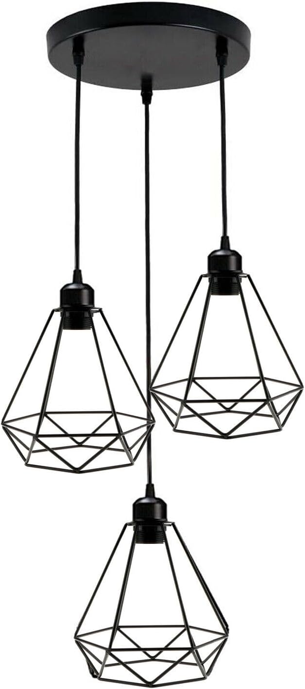 LEDSone 3 Pack Adjustable Farmhouse Pendant Lights, Industrial Hanging Diamond Cage Ceiling Lamps in Vintage Black for Kitchen Island, Dining Room & Bedroom (Rectangle 2)