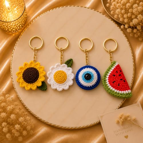 Image of Handmade Crochet Keychain Combo for Girls Women Cute Aesthetic Sunflower Strawberry Watermelon Daisy Knitted Keychain Bag Charm Purse Charm Car Key Ring Backpack Accessories Gift
