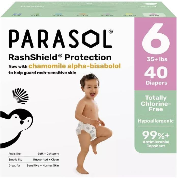 Parasol Chlorine-Free Premium Diapers with RashShield Protection, Size 6, 40 Count, 2 Pack of 20 Diapers