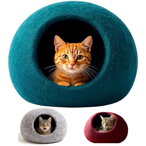 XL Katzenhöhle Katzenbett Katzenhaus – feinste Romney Wolle – kräftig gefilzt – außen robust & innen kuschelig weich – waschmaschinenfest (Petrol)