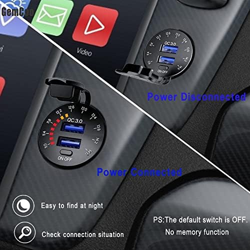 Quick Charge 3.0 USB Car Charger Socket 12V/24V 36W with Switch and Voltmeter Dual QC3.0 USB Fast Charger Socket Power Outlet for Marine, Boat, Motorcycle, Truck, Golf Cart