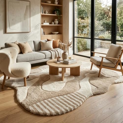 Image of Tauhid Carpet Super Soft Microfiber Shaggy Area Rug | Modern Irregular Abstract Beige & Cream Plush Carpet | Fluffy Floor Rug for Living Room, Bedroom 6 x 8 Feet.
