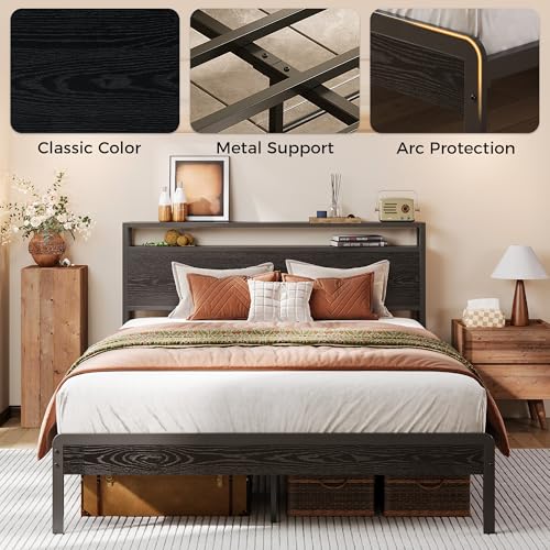 Image of LIKIMIO Full Bed Frame with Headboard, Dark Wood Camas Full with Strong Supports, Sturdy, Noise-Free, No Box Spring Needed, Black