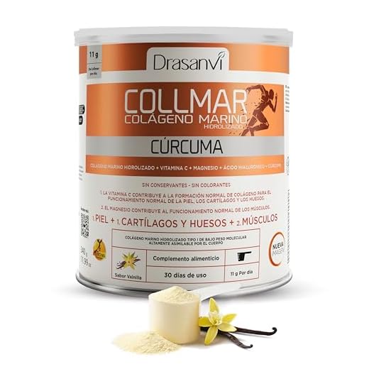 DRASANVI COLLMAR Colageno Marino Hidrolizado + Curcuma con Magnesio, Vitamina C, Ácido Hialurónico| Articulaciones y musculos | Máx. asimilación 9.595 mg/día | 340g de polvo | Collagen Sabor Vainilla