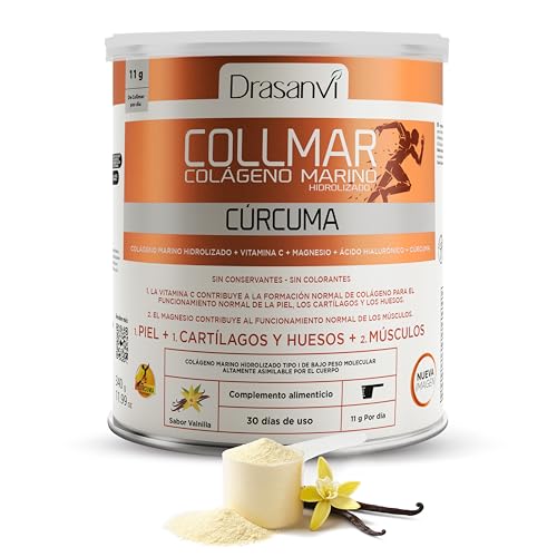 DRASANVI COLLMAR Colageno Marino Hidrolizado + Curcuma con Magnesio, Vitamina C, Ácido Hialurónico| Articulaciones y musculos | Máx. asimilación 9.595 mg/día | 340g de polvo | Collagen Sabor Vainilla