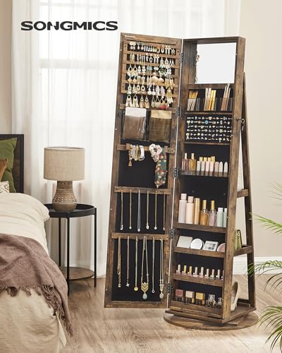 Image of SONGMICS 360 Swivel Jewelry Cabinet, Full-Length Mirror, Lockable | Jewelry Armoire Organizer, Mirror with Storage, Rear Storage Shelves, Interior Mirror, Gift Idea, Rustic Brown UJJC006X01