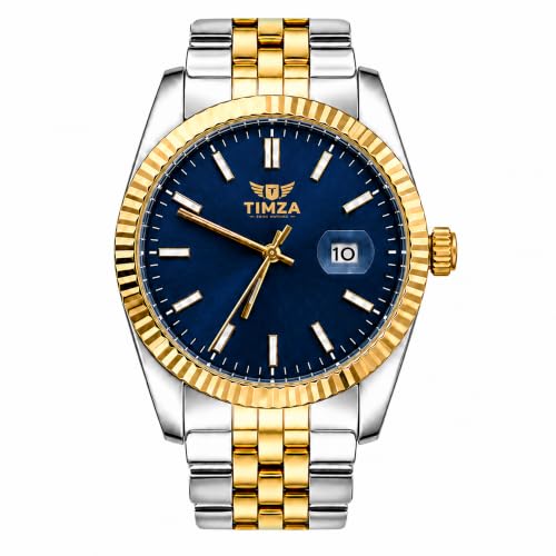 Image of Classic Blue Dial Quartz Watch for Men with Stainless Steel Two Tone Bracelet (Silver-Golden), Magnified Date Window & Water Resistant Build
