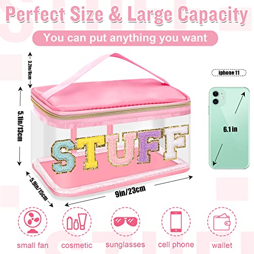 Chenille Letter Clear Makeup Bags Stuff Pouch, Preppy Patch Makeup Bag Zipper With Handle, Transparent Pvc & Nylon Waterproof Glitter Cosmetic Handbag Travel Toiletry Storage For Women (Stuff-Pink) #TOP1