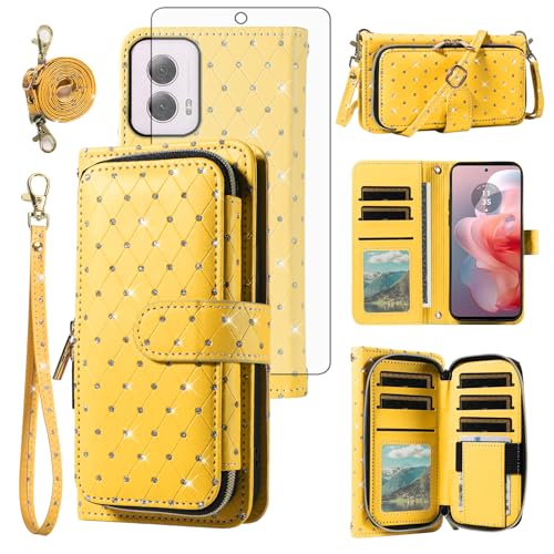 Phone Cover for Motorola Moto G Power 5G 2024 Wallet Case Cell Zipper with Tempered Glass Screen Protector Crossbody Lanyard Strap Bling Glitter Flip Card Holder Slot G5 Women Men Girls Yellow
