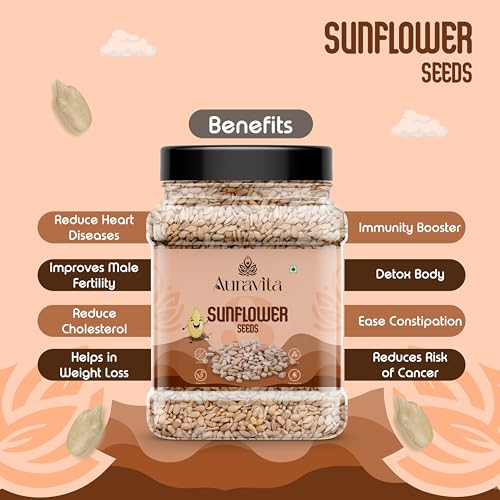 Image of Auravita Premium Sunflower Seeds 500gm | Rich in Protein, Fiber & Healthy Fats | Raw Seeds for Eating | High in Protein, Fiber & Magnesium Jar Pack