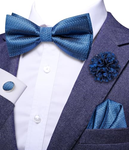 Image of Hi-Tie Bow Ties for Men Pre-Tied Pocket Square with Cufflinks Mens Bowtie Sets for Wedding Formal Party