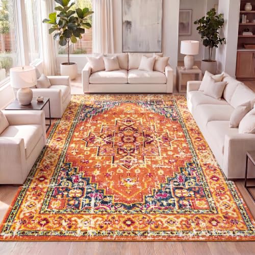 JONATHAN Y Brooklyn Geometric Medallion Orange/Blue Indoor Area Rug, 4x6, Vintage, Bohemian, Easy-Cleaning for Living Room, Bedroom, Kitchen, Pet Friendly, Non-Shedding (MDP207D-4)