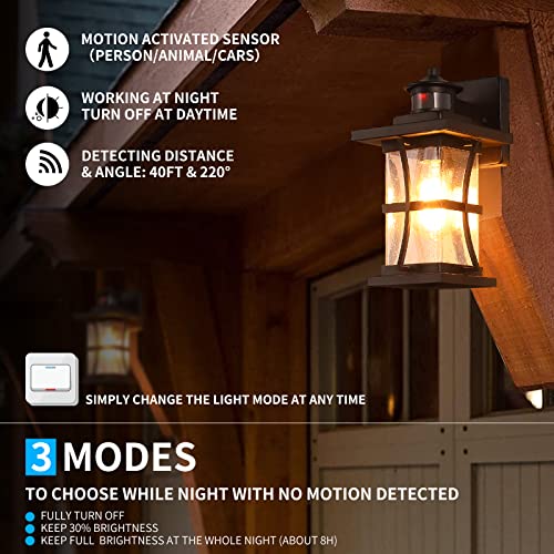 Image of Motion Sensor Outdoor Wall Lights Fixture, Advanced Dusk to Dawn Exterior Lighting, Outside Light for House, Garage, Anti-Rust Waterproof Front Porch Lanterns Fixtures Wall Mount, Seeded Glass, Black