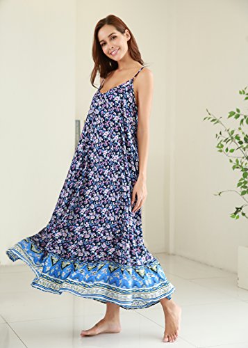 Buenos Ninos Women's V Neck Floral Maxi Dress Boho Printed Adjustable Spaghetti Strap Ethnic Beach Long Dress With Pockets Blue S #TOP1