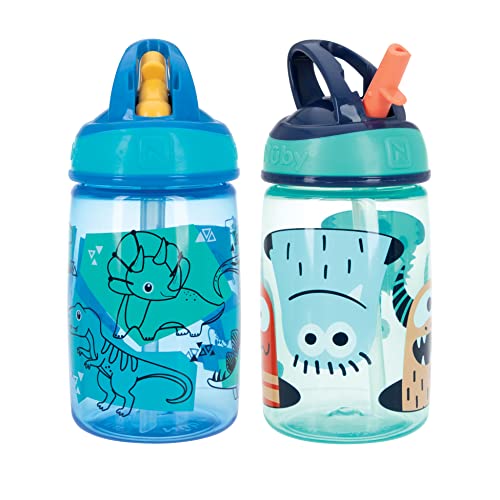 Nuby Flip-it Kids On-The-Go Printed Water Bottle with Bite Proof Hard Straw - 12oz / 360 ml, 18+ Months, 2 pk Dinosaurs/Friendly Monsters