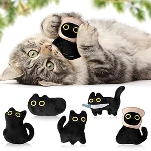 HubirdSall 5Pcs Cute Black Cat Catnip Crinkle Paper Sound Toys Gift for Cats, Catmint Teething Chew Kick Interactive Toy with Bread for Indoor Kitty, Soft Funny Pet Presents Supplies for Kitten Lover