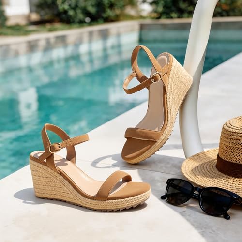 Image of Ankis Platform Wedge Sandals for Women, Black Brown White Nude Espadrille Womens Wedge Sandals Comfortable Open Toe Ankle Strap High Heel Wedges for Women Dressy Summer -3.4Inch