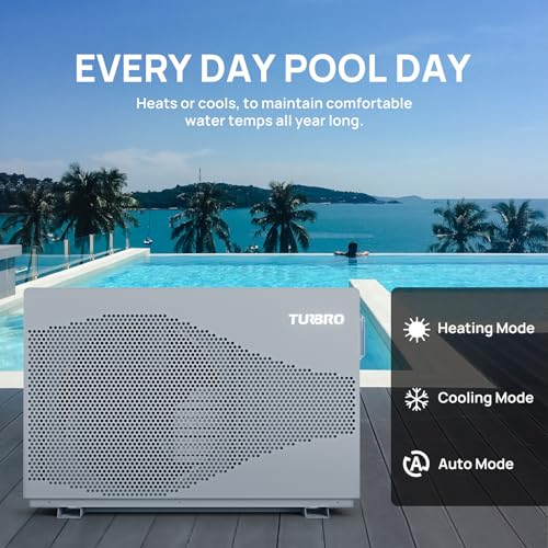 TURBRO 33,000 BTU DC Inverter Swimming Pool Heat Pump, WiFi Control Electric Pool Heater for Above and Inground Pools up to 10,000 Gal, Heating and Cooling, Up to 15.8 COP, 110-120V, Beluga B33V